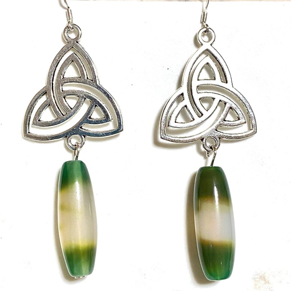 2/$20, Genuine Green Agate Triqueta Sterling Silver Dangle Earrings